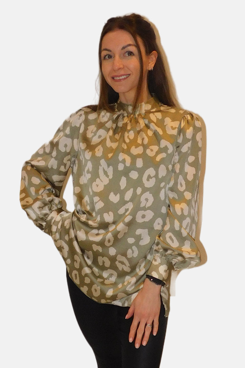 Animal Print High Neck Sage & Cream Blouse