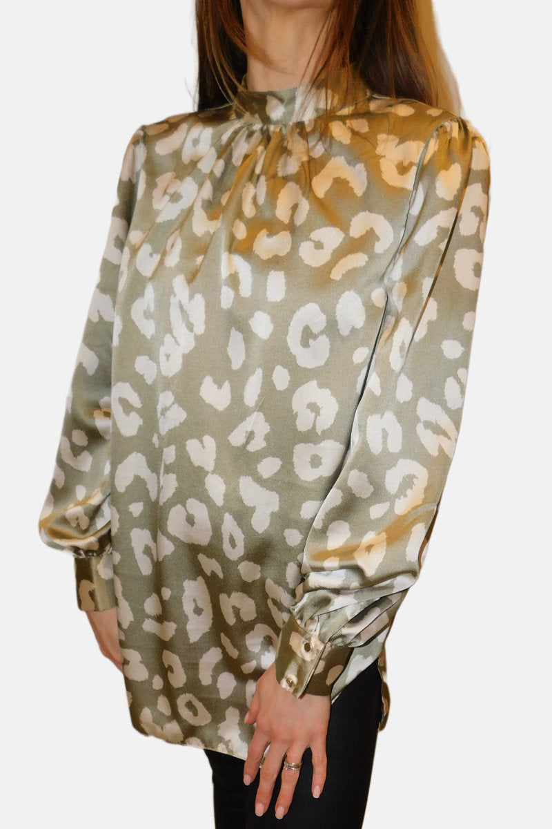 Animal Print High Neck Sage & Cream Blouse