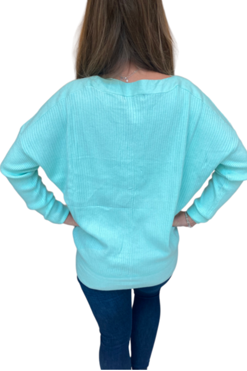 Aqua Round Neck Ribbed Jumper