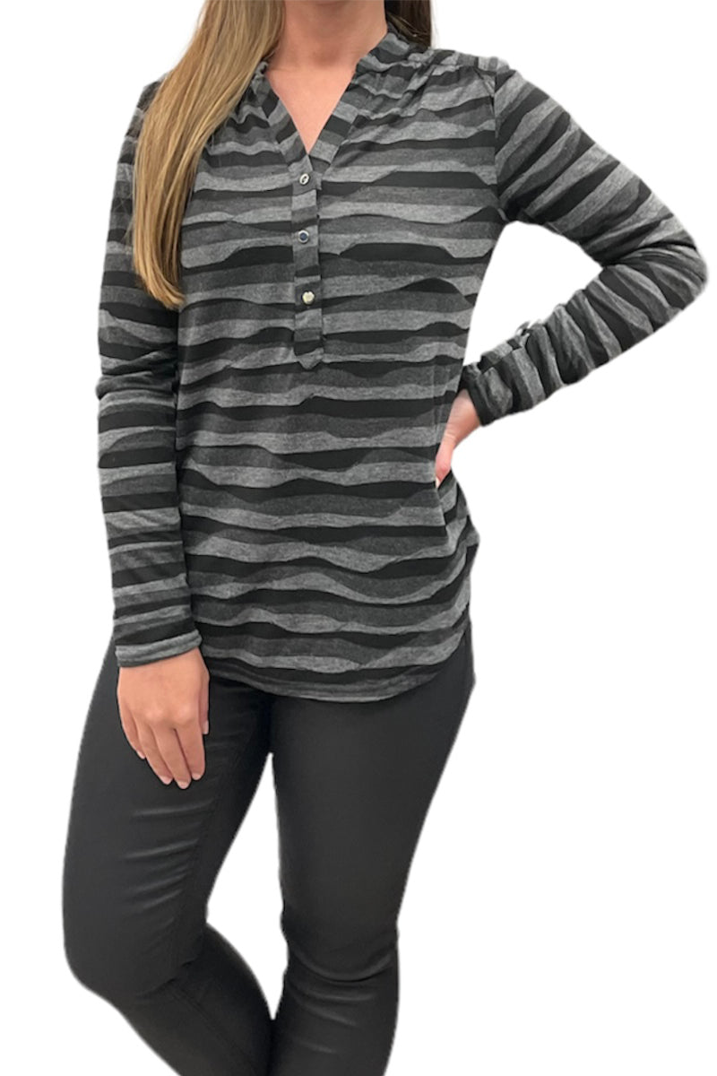 Chevron Black & Marl Button Through Top