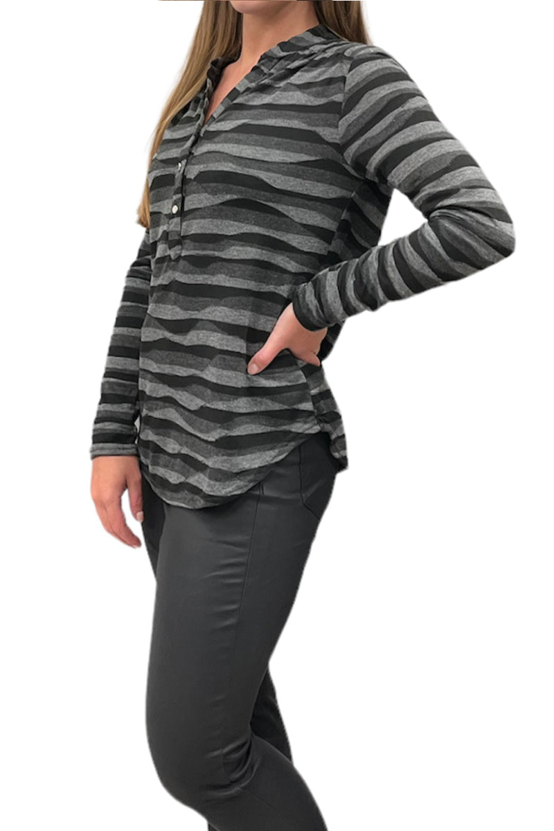Chevron Black & Marl Button Through Top