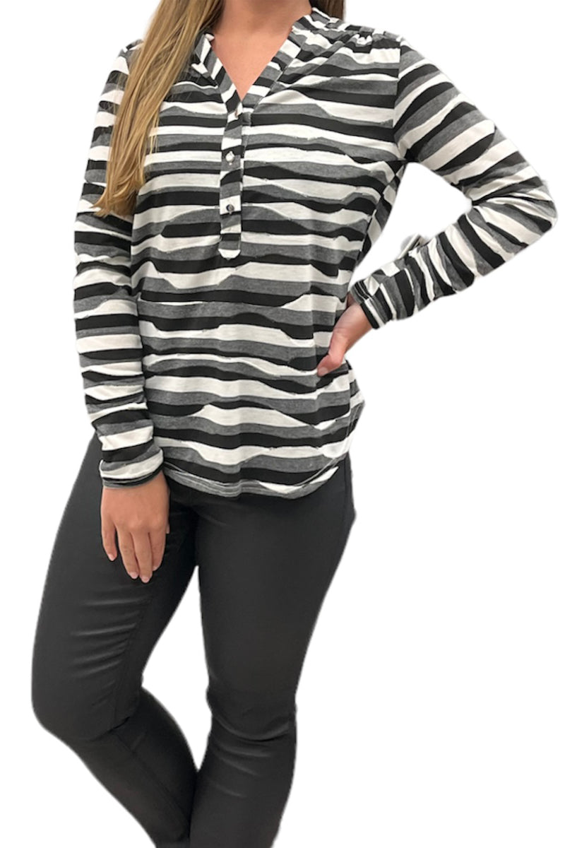 Chevron Grey & White Button Through Top