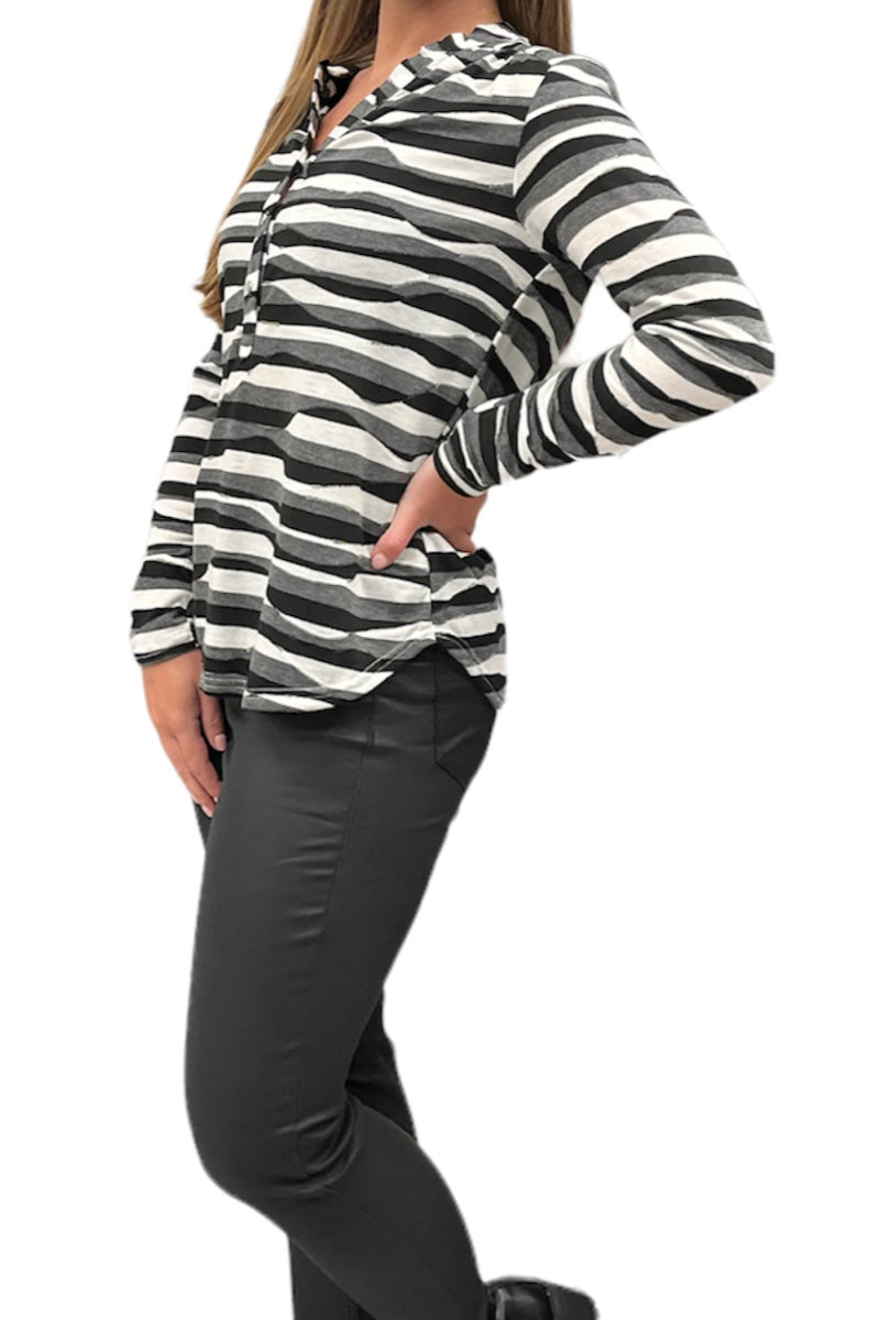 Chevron Grey & White Button Through Top