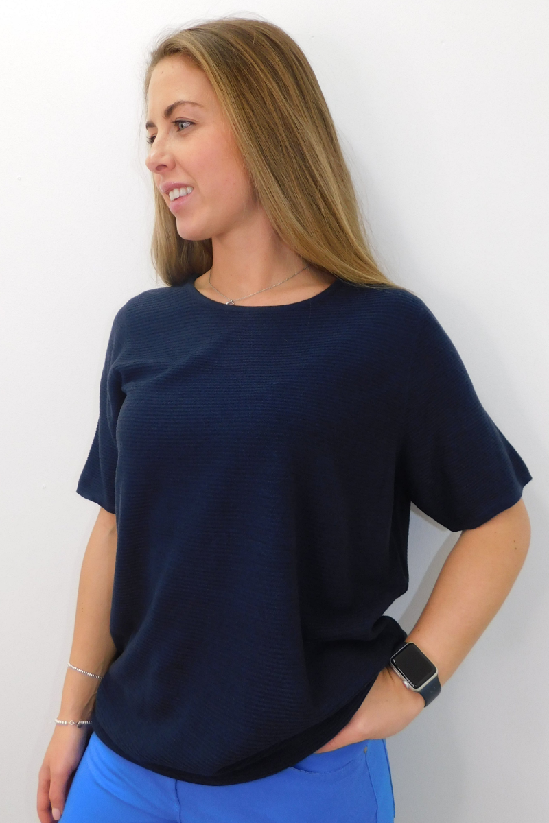 Short Sleeve Navy Ribbed Jumper