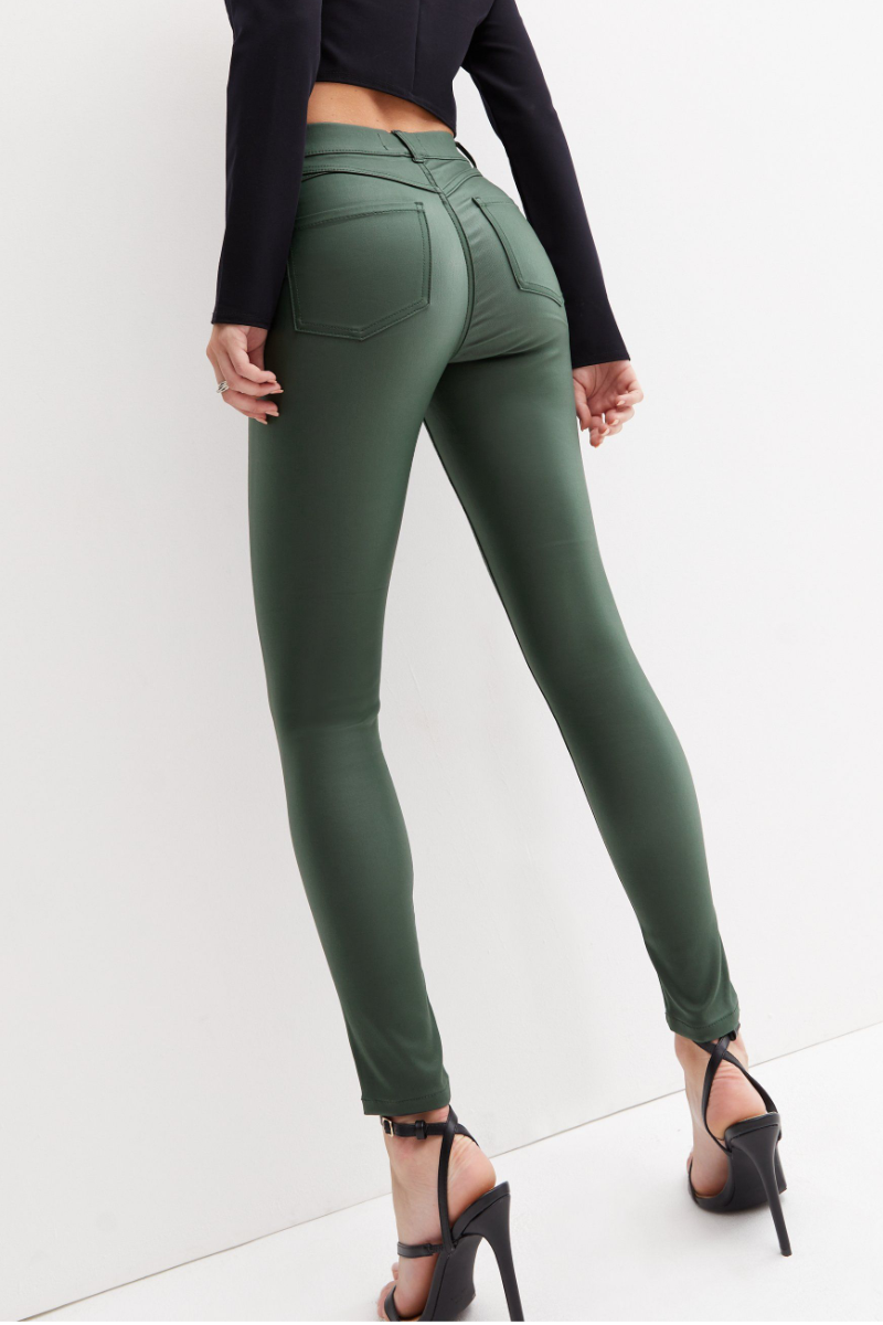 Famous Store Coated Leather-Look Mid Rise Lift & Shape Jeggings Dark Green