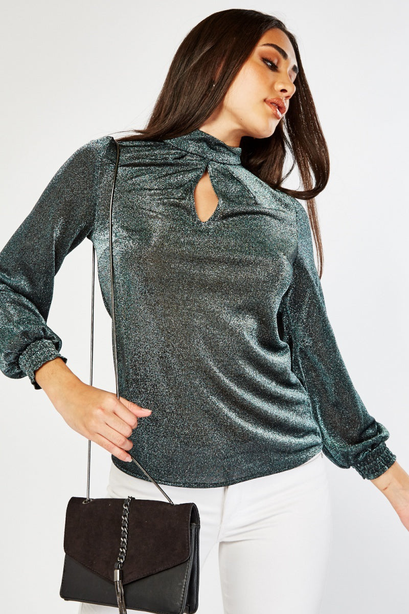 Famous Store Silver/Green Shimmer Cut Out Metallic Top