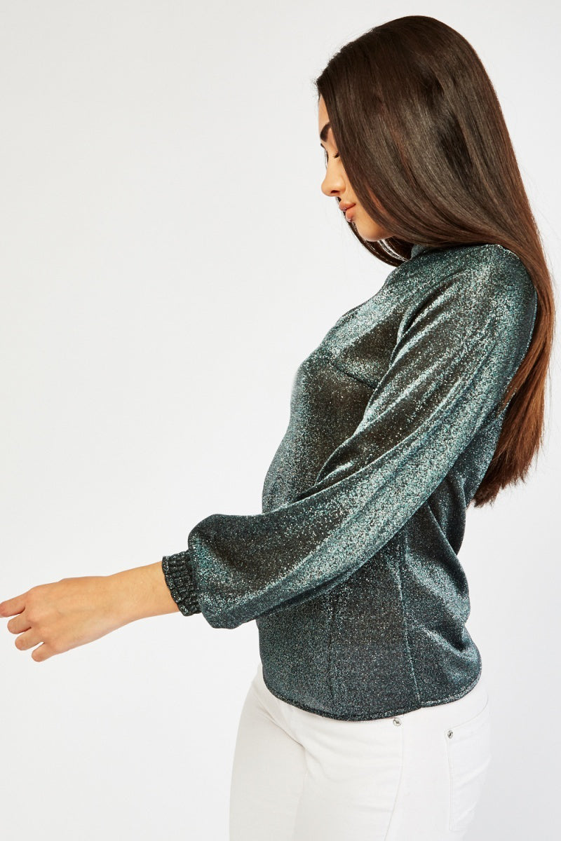 Famous Store Silver/Green Shimmer Cut Out Metallic Top