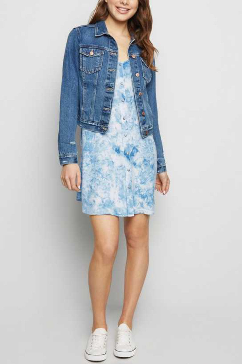 Famous Store Blue Tie Dye Button Up Slip Dress