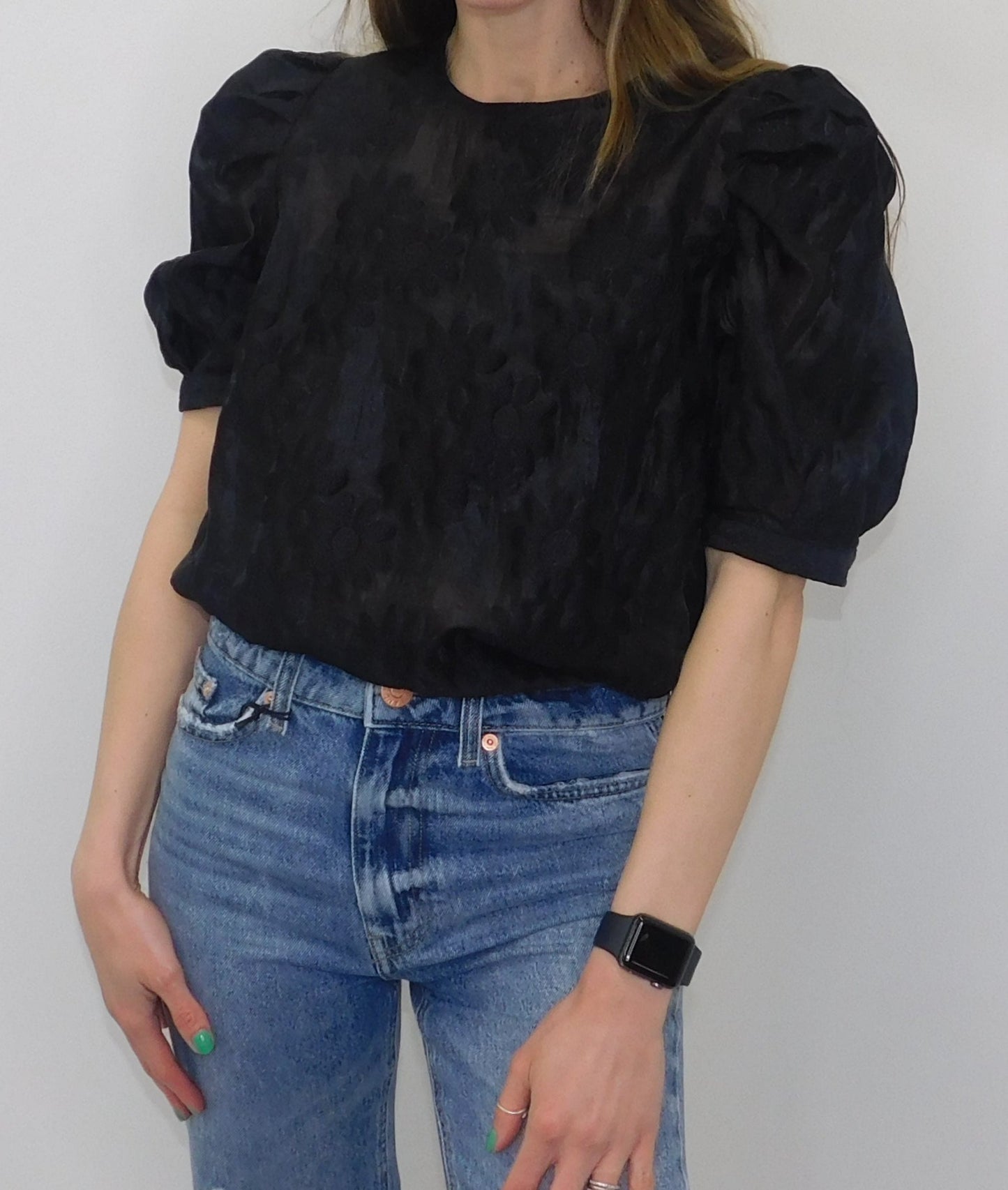 Famous Store Black Puff Flower Top