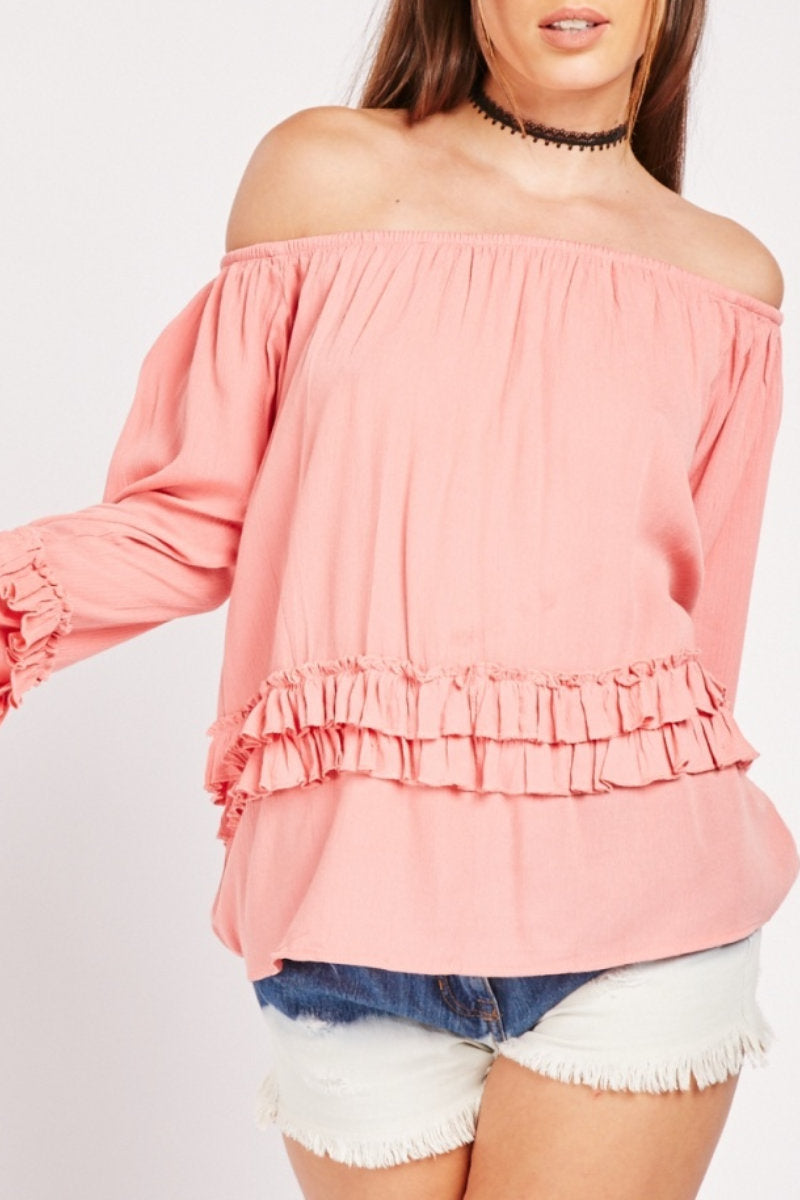 Famous Store Frill Trim Off Shoulder Top Pink
