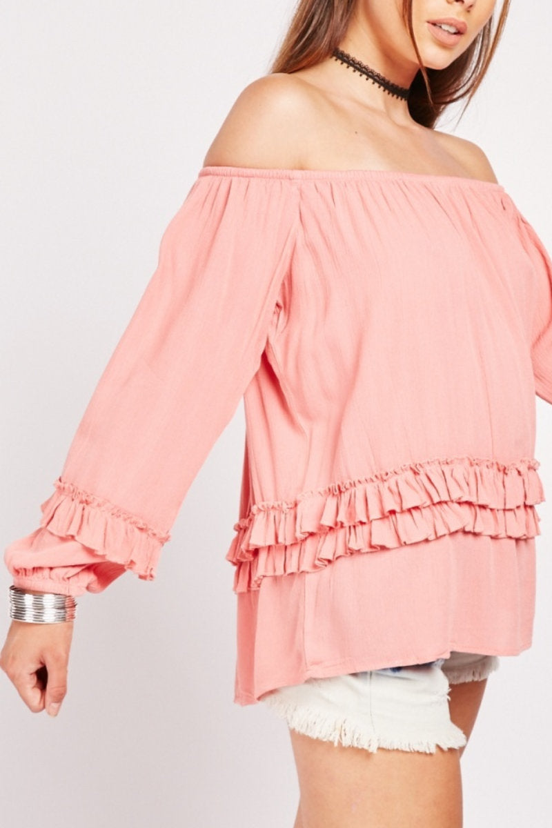 Famous Store Frill Trim Off Shoulder Top Pink