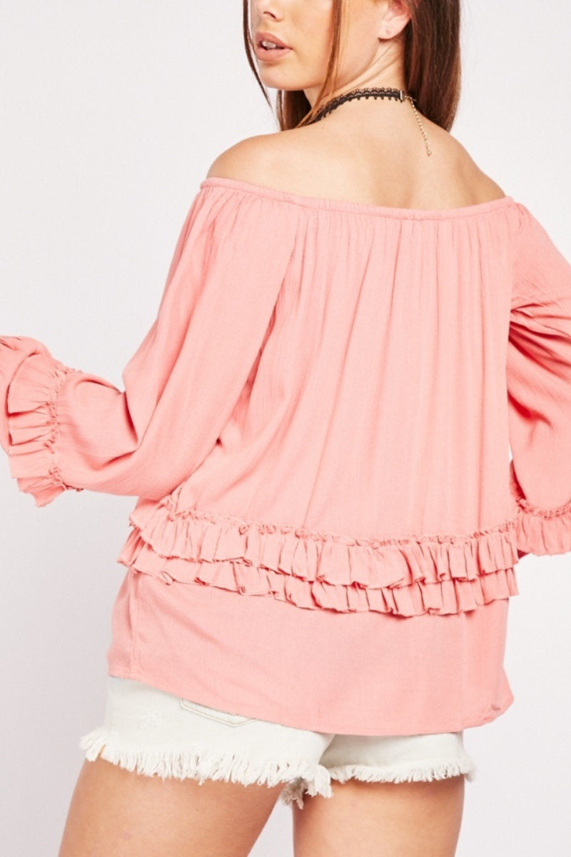 Famous Store Frill Trim Off Shoulder Top Pink