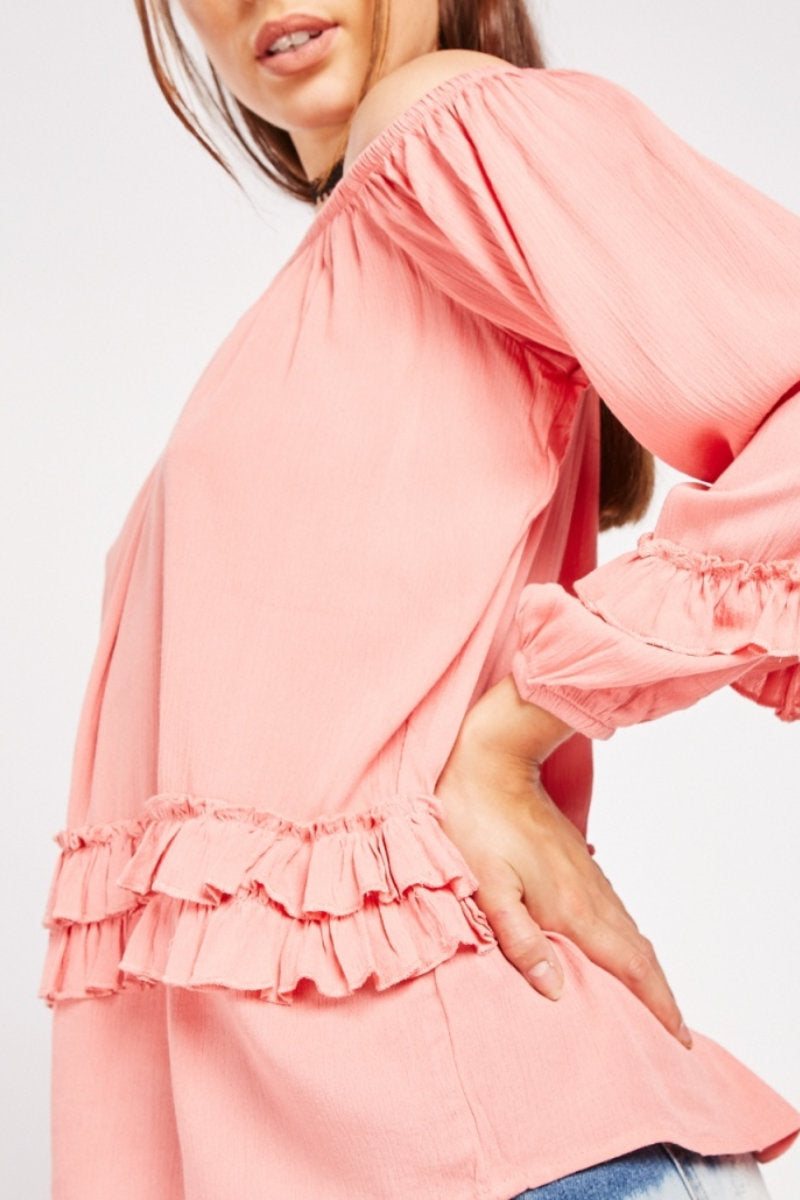 Famous Store Frill Trim Off Shoulder Top Pink