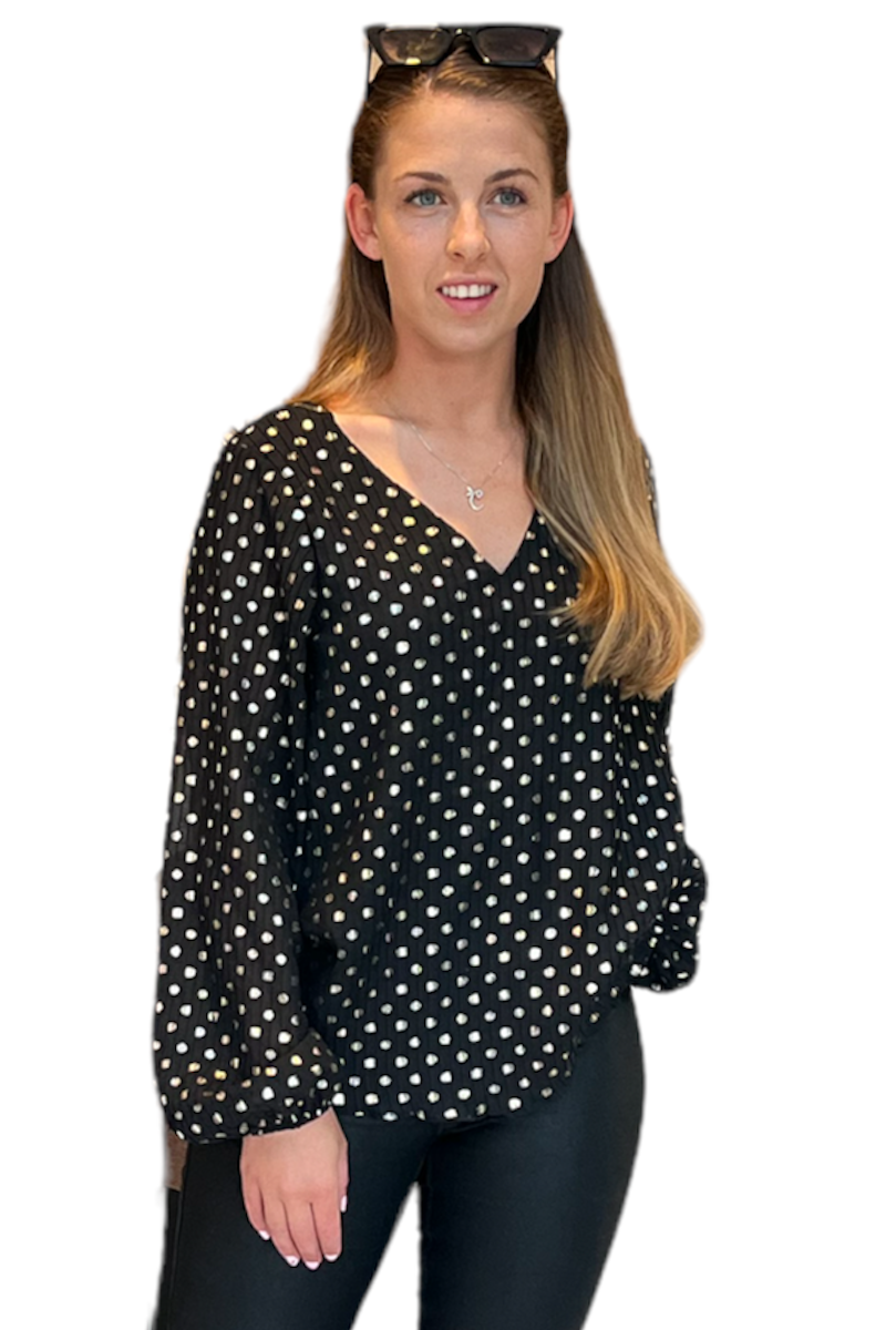 Famous Store Clipped Chiffon Gold Spot Black Blouse
