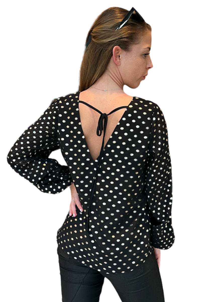 Famous Store Clipped Chiffon Gold Spot Black Blouse