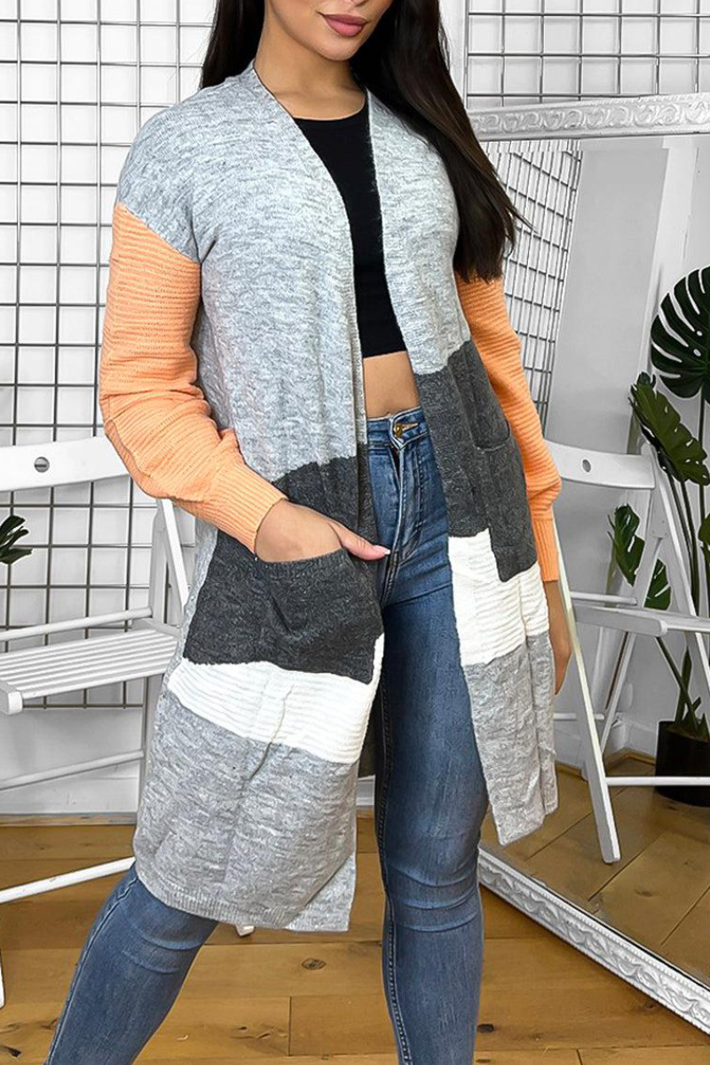 Ladies Colour Block Sleeves Open Front Cardigan Grey/Orange