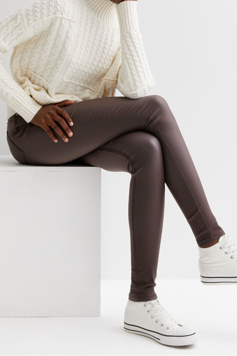 Famous Store Coated Leather-Look Mid Rise Lift & Shape Jeggings Brown