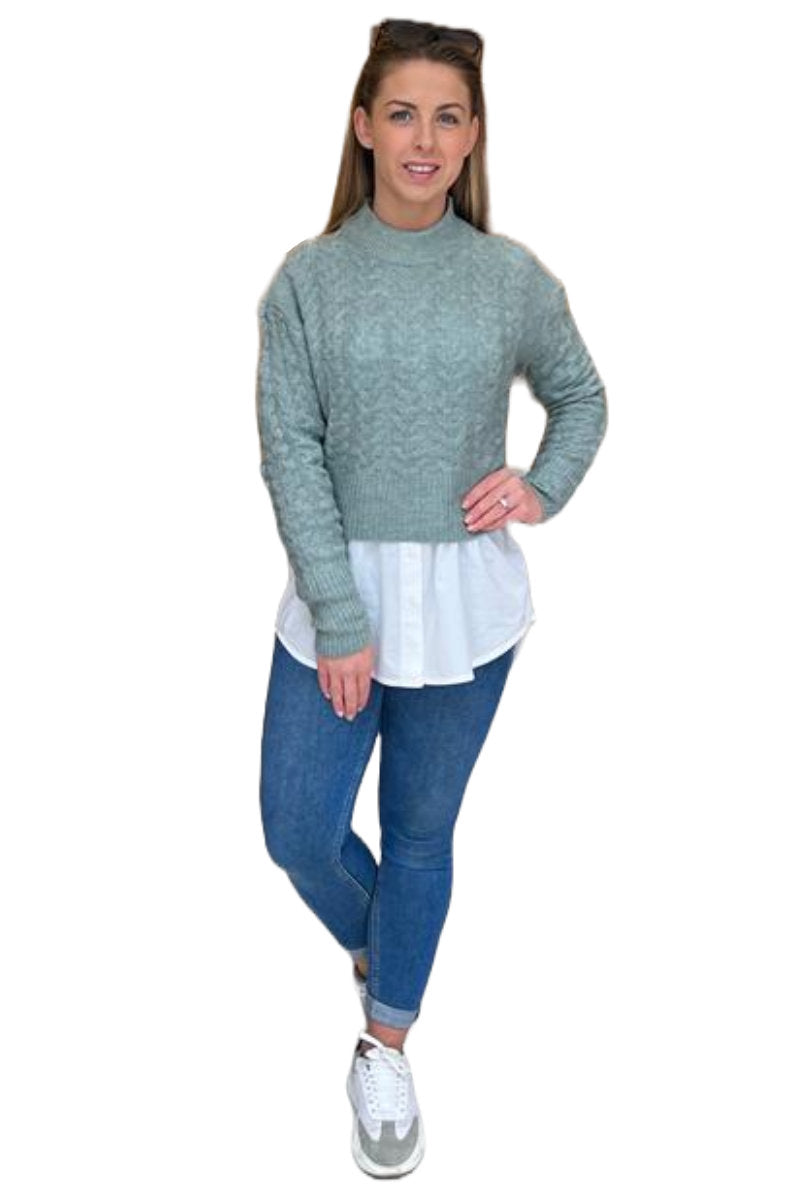 Famous Store Turtle Neck Crop Cable Jumper Sage