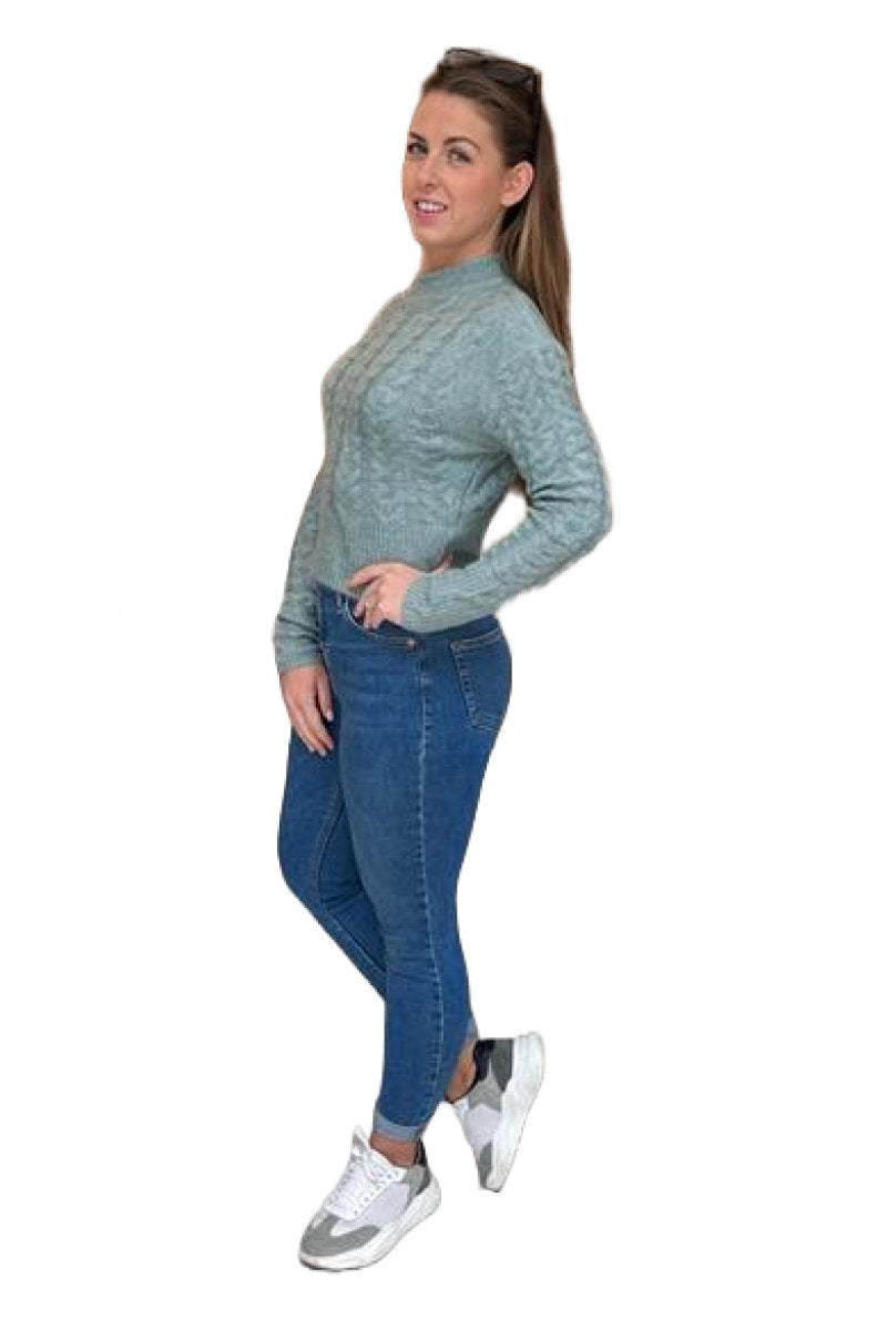 Famous Store Turtle Neck Crop Cable Jumper Sage