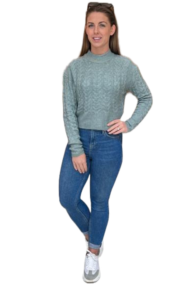 Famous Store Turtle Neck Crop Cable Jumper Sage
