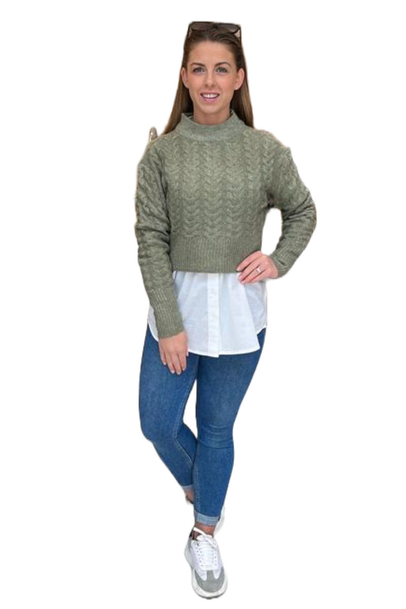 Famous Store Turtle Neck Crop Cable Jumper Khaki
