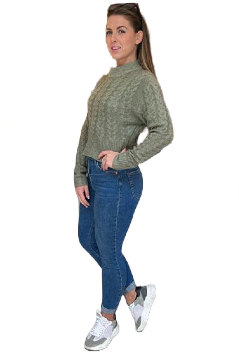 Famous Store Turtle Neck Crop Cable Jumper Khaki