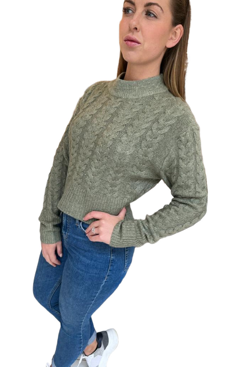 Famous Store Turtle Neck Crop Cable Jumper Khaki
