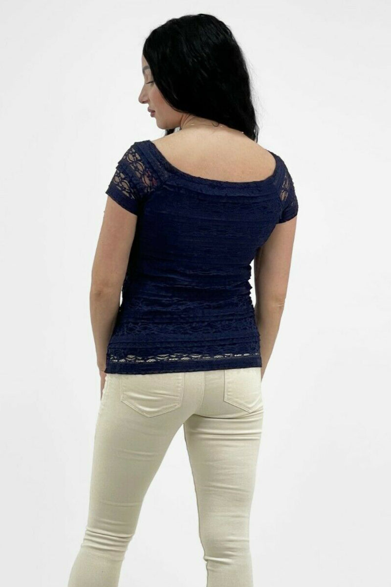 Ex Dorothy Perkins Stretch Lace Short Sleeve Navy Top
