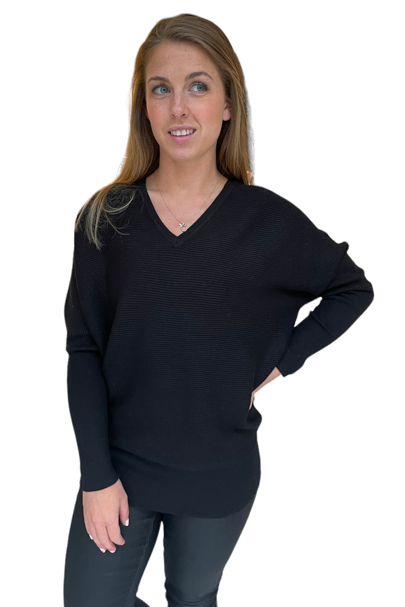 Black Thin Ribbed V Neck Jumper