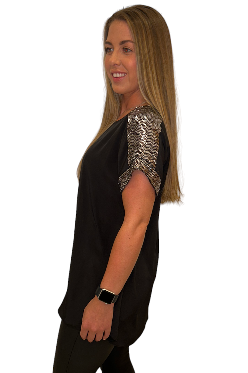 Famous Store Contrast Sequin Detail Top Black