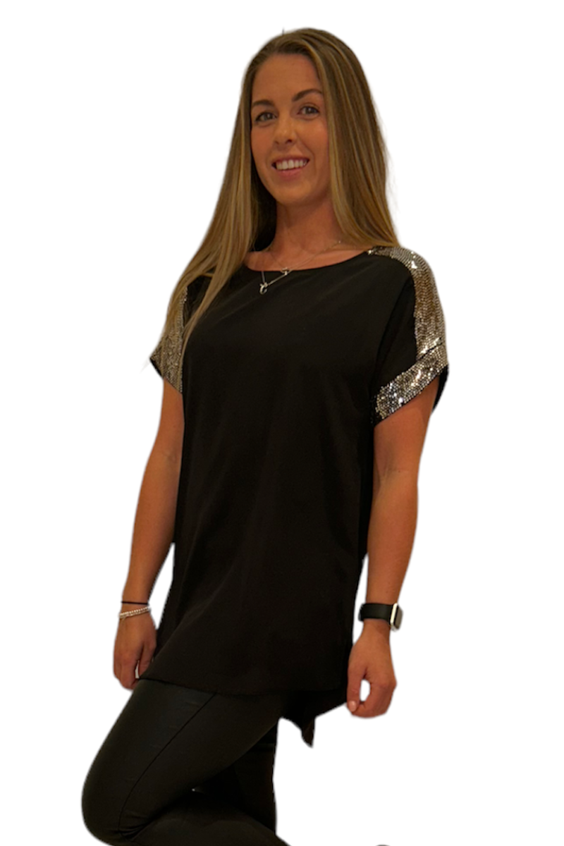 Famous Store Contrast Sequin Detail Top Black