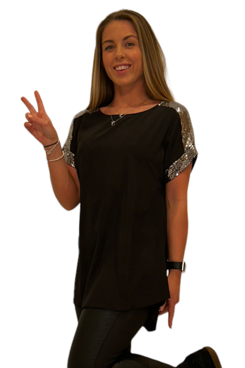 Famous Store Contrast Sequin Detail Top Black