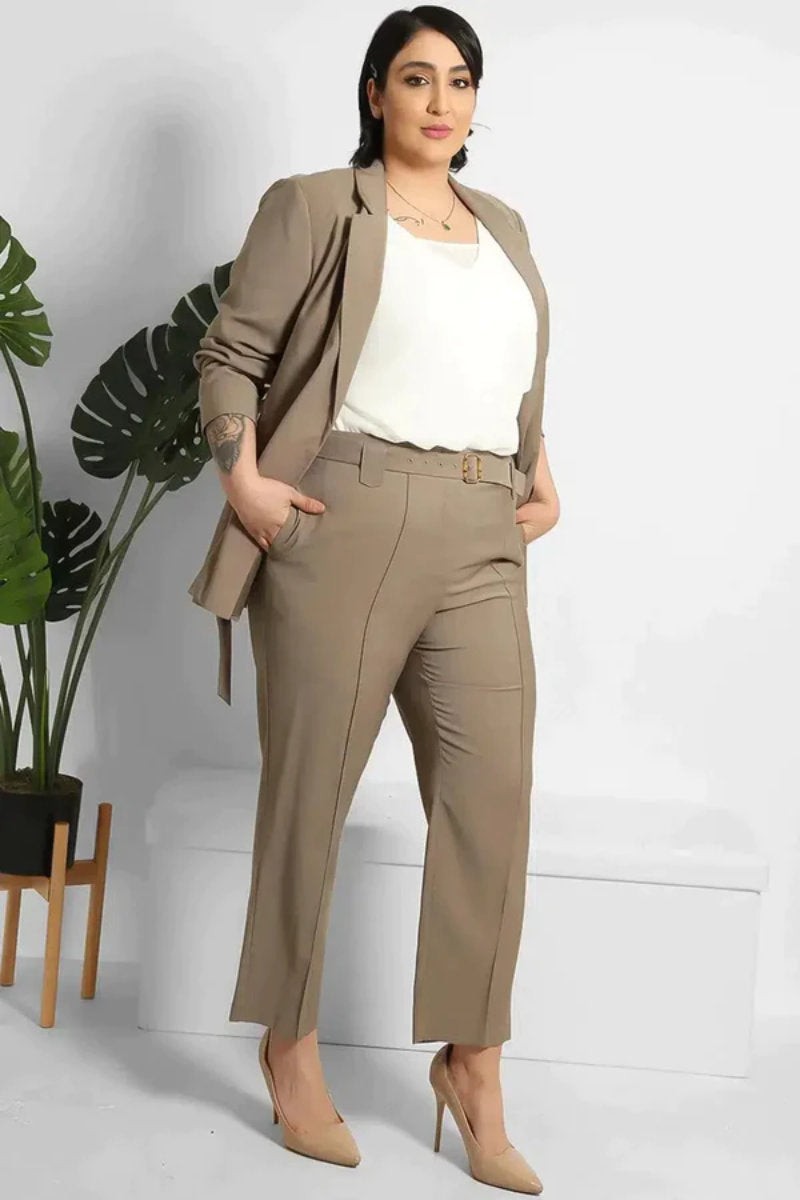 Famous Store Cropped Trousers & Belted Blazer Suit Taupe