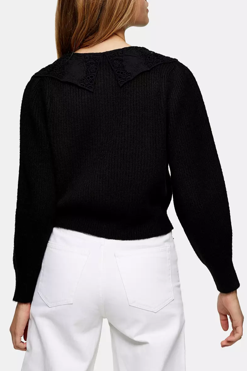 Famous Label Crochet Collar Knitted Cardigan Black