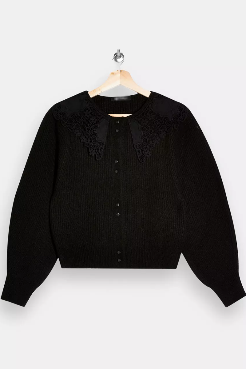 Famous Label Crochet Collar Knitted Cardigan Black