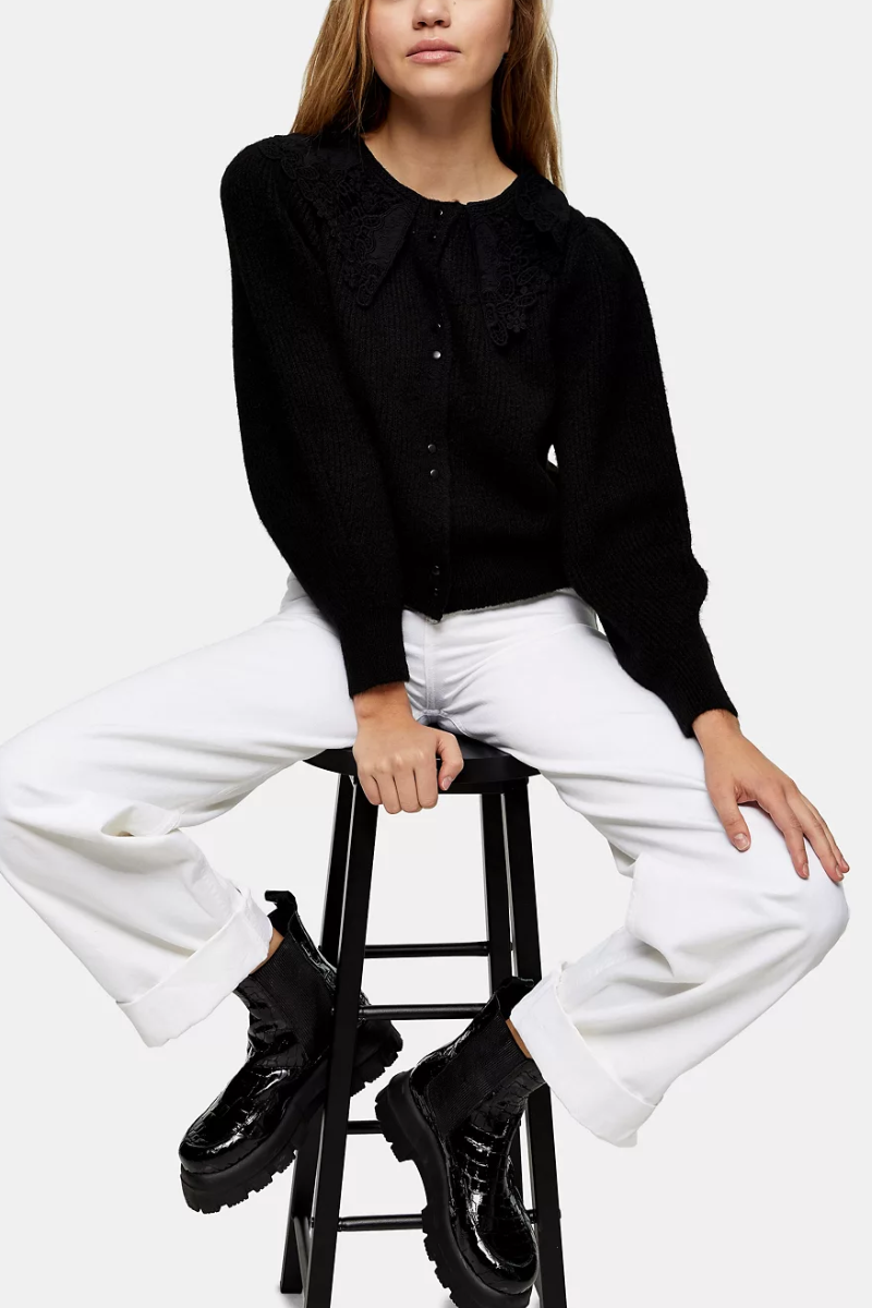 Famous Label Crochet Collar Knitted Cardigan Black