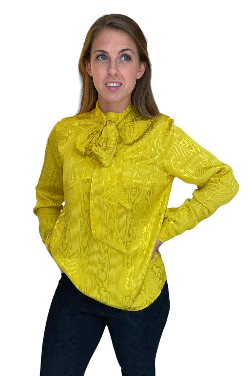 Ex Warehouse Textured Satin Mustard Pussy Bow Blouse