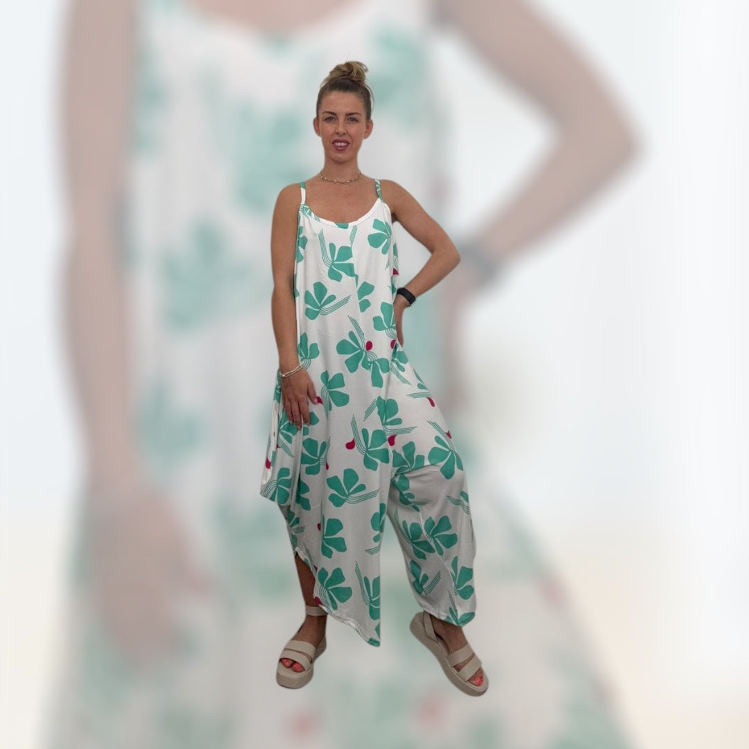 Green & Pink Print Strappy Jumpsuit