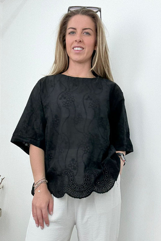 Black Embordered Scallop Bottom Top