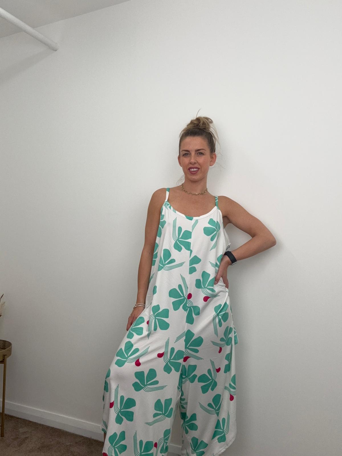 Green & Pink Print Strappy Jumpsuit