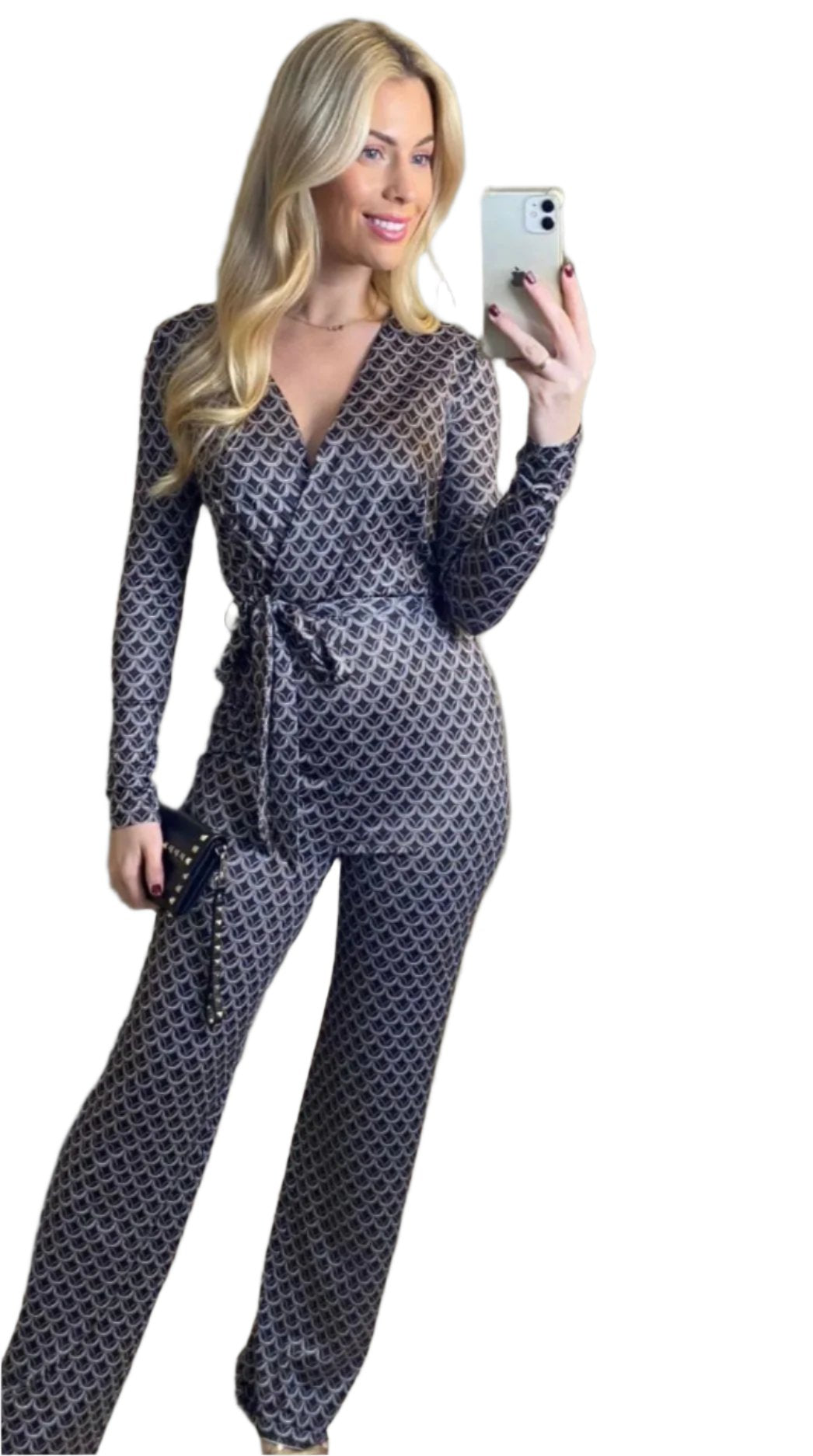 Boutique Collection Ladies Chic Black Geometric Print Wrap Jumpsuit