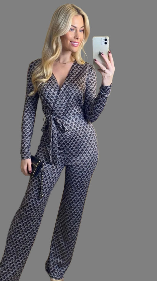 Boutique Collection Ladies Chic Black Geometric Print Wrap Jumpsuit