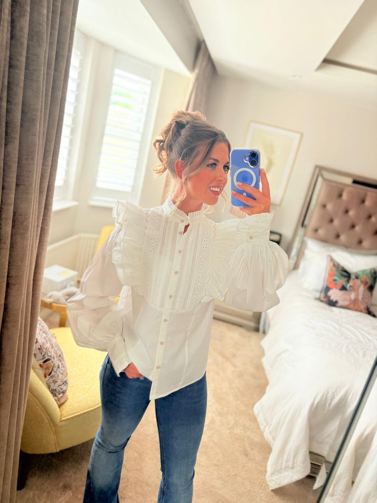 EX-RI Frill High Neck White Shirt