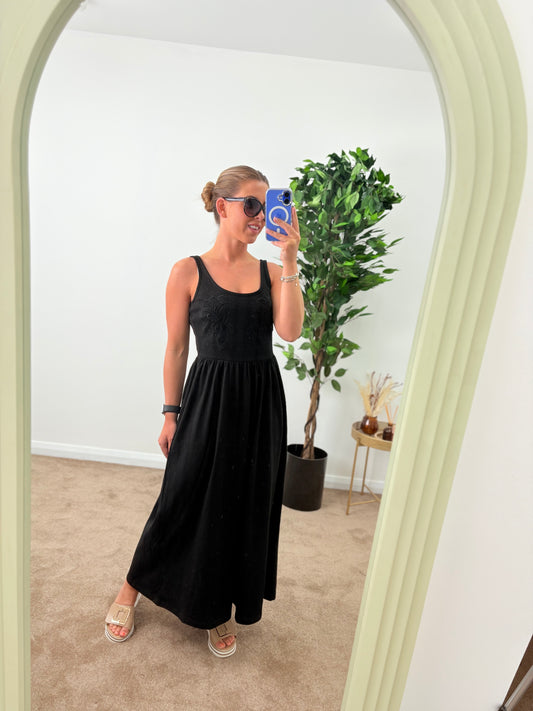 Black Cotton Sundress With Embroidered Bodice