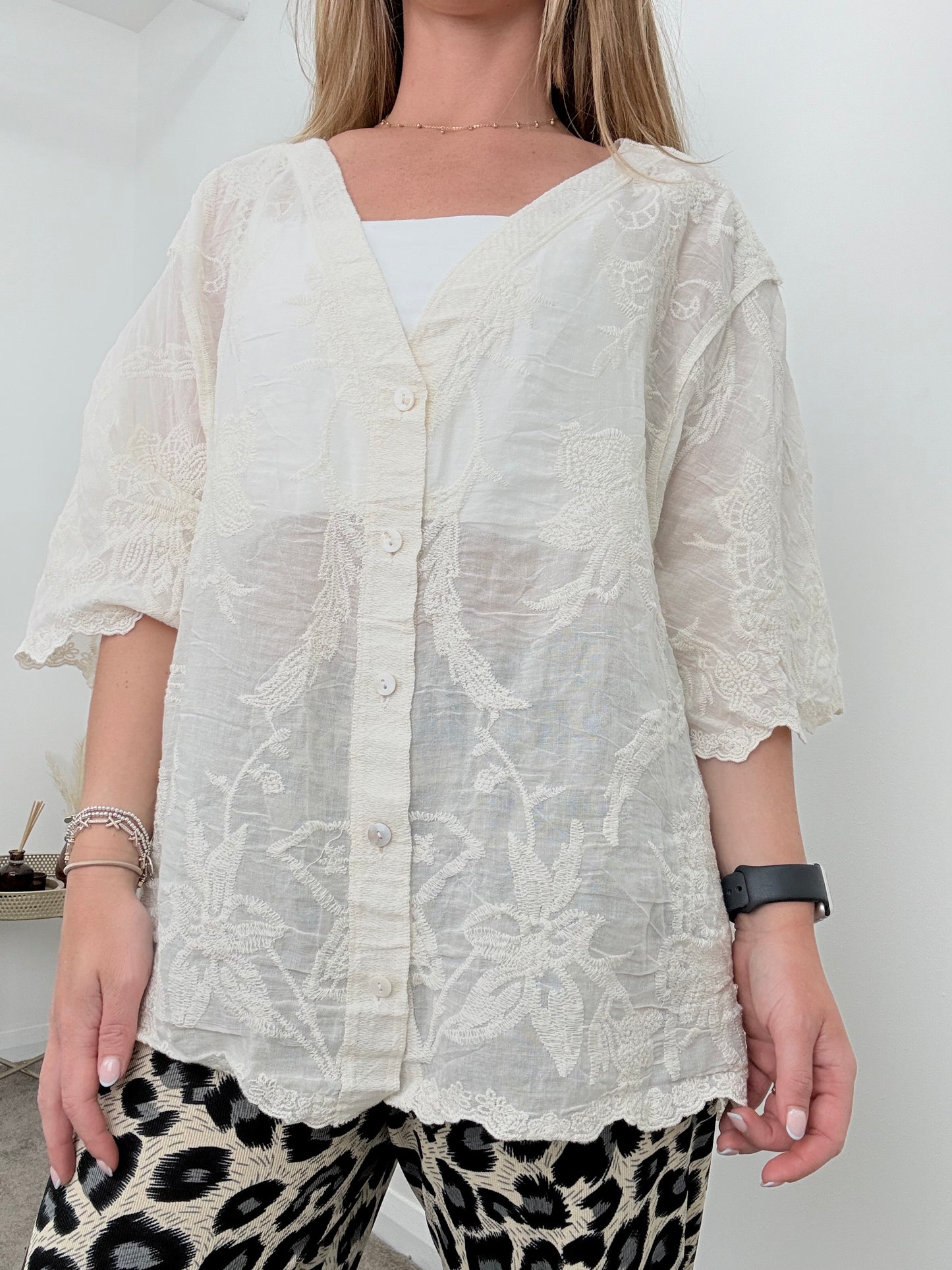 Cream Button Through V-Neckline Embroidered Blouse