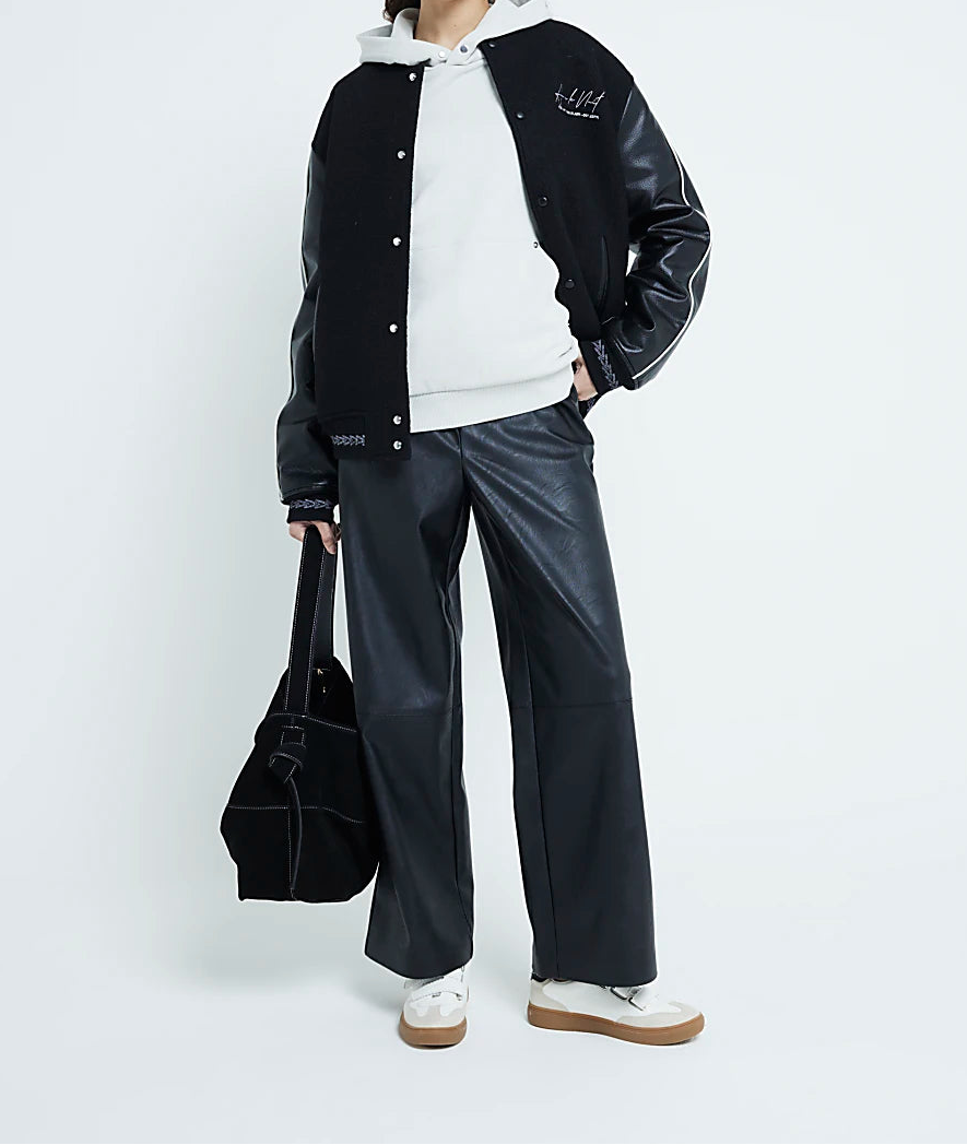 Ex -river Island Black Faux Leather Elasticated Waist Trousers