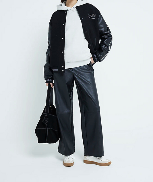 Ex -river Island Black Faux Leather Elasticated Waist Trousers