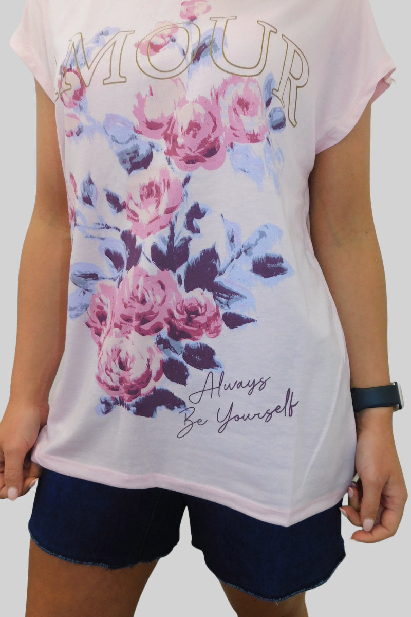 Ladies Pink Floral "AMOUR" Tee with Inspirational Message