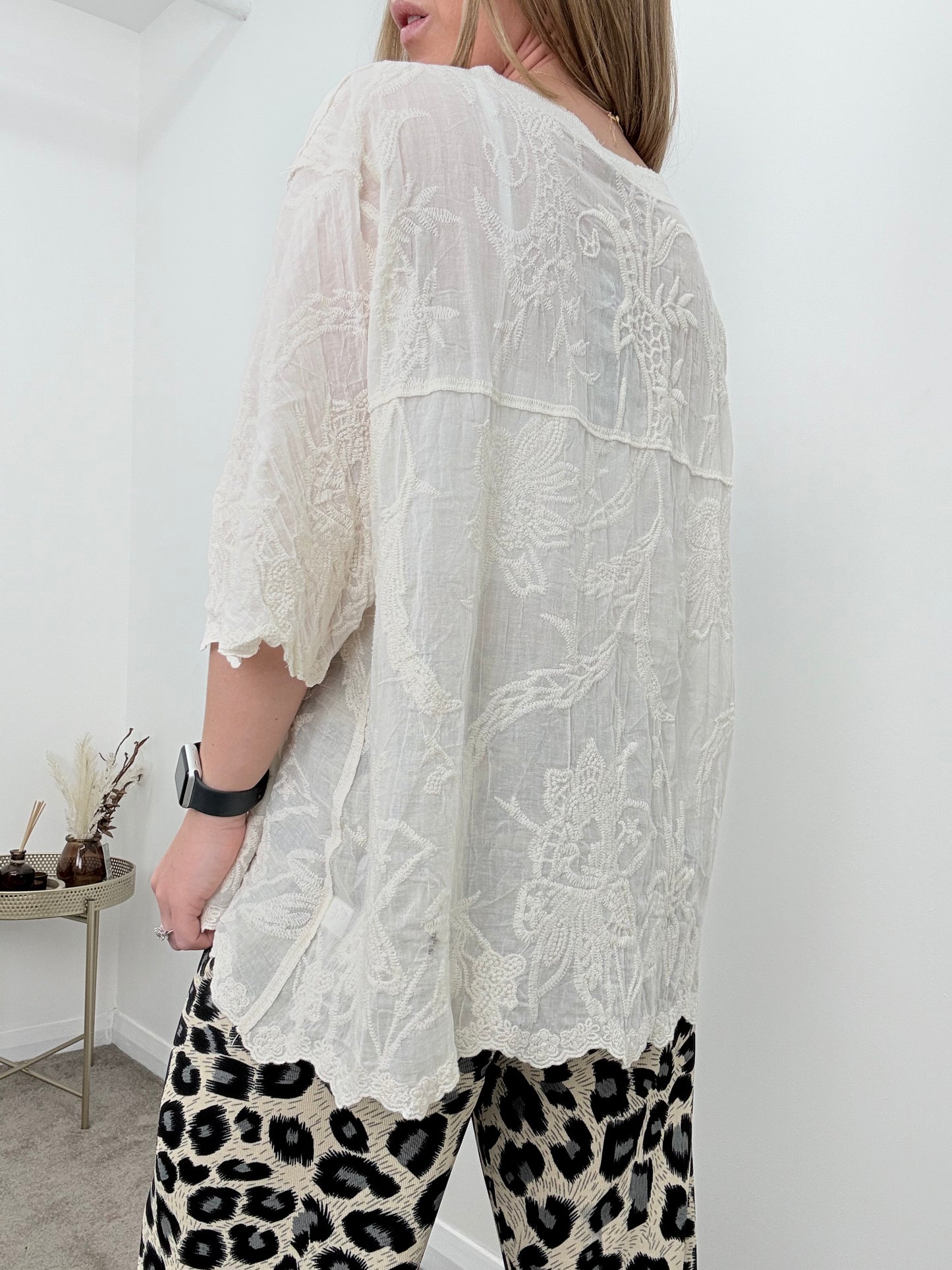Cream Button Through V-Neckline Embroidered Blouse
