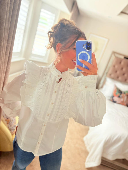 EX-RI Frill High Neck White Shirt